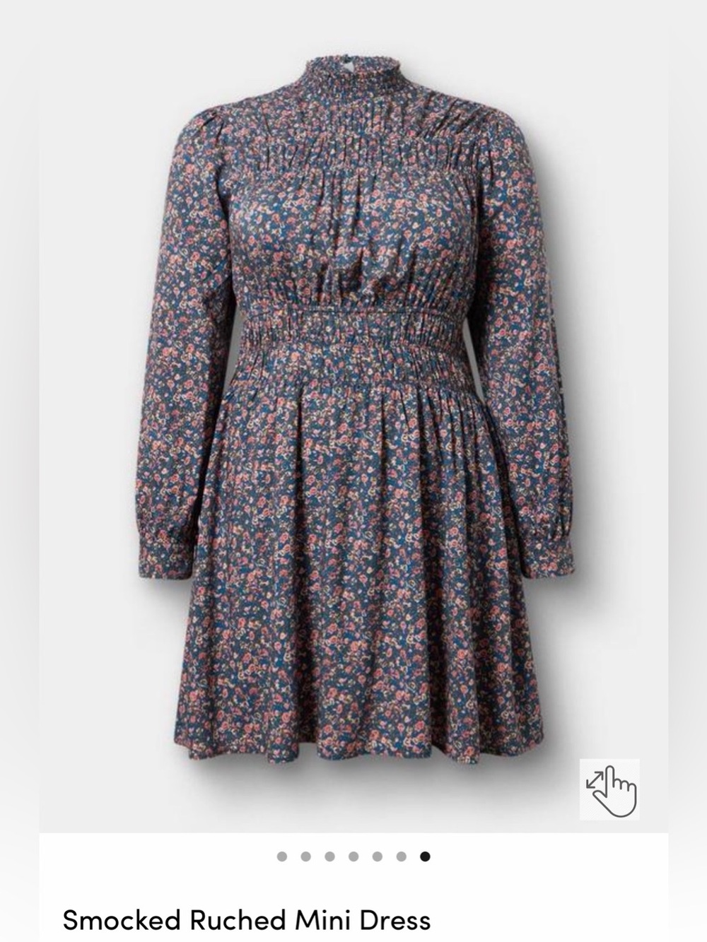 torrid Navy Floral Smocked High-Neck Long Sleeve Mini Dress